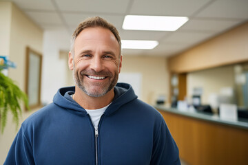 Smiling Middle-Aged Man in Blue Hoodie Standing in Bright Modern Office Reception Area with Natural Light