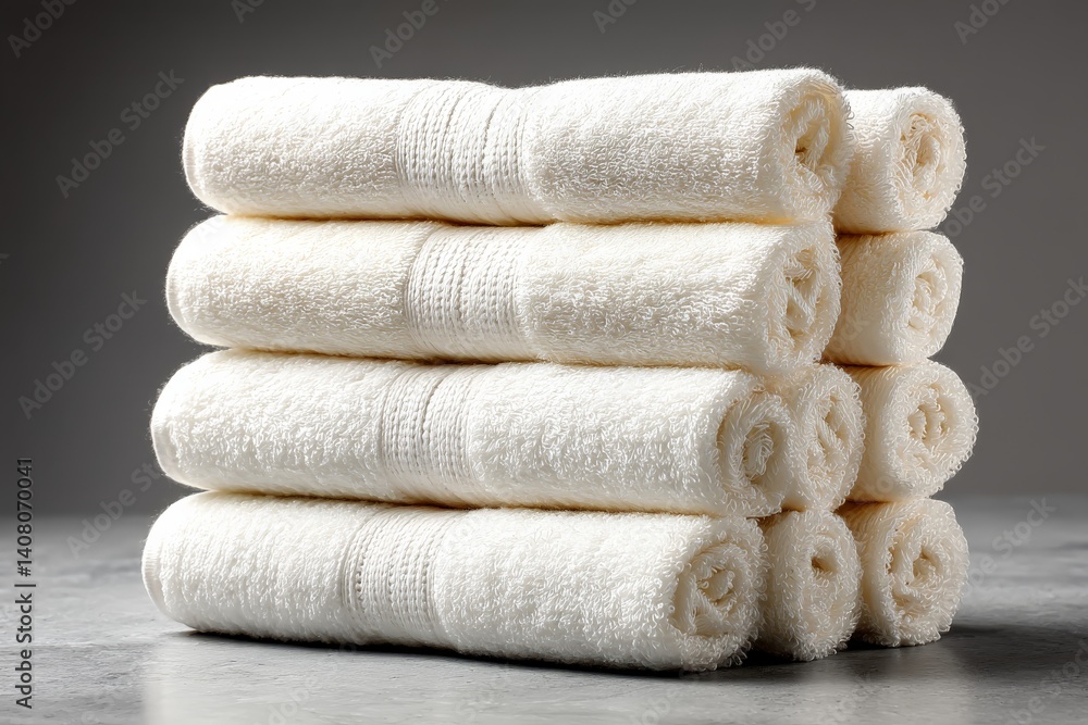Poster rolled white towels neatly stacked on a gray marble surface for a spa or home use setting
