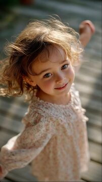 Smiling little girl dancing outdoors in soft morning light, wearing a delicate floral dress, joyful and carefree expression, dreamy and natural &mdash; Generative AI
