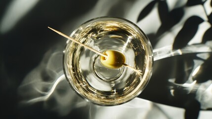 Classic dry martini cocktail with olive in chalice against gray background with dramatic shadows