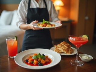 Staff presenting gourmet meals and cocktails in hotel room