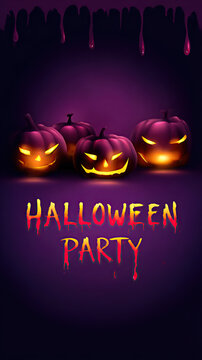 Spooky Halloween party invite with glowing jack-o'-lanterns, dripping blood font, dark purple gradient background
