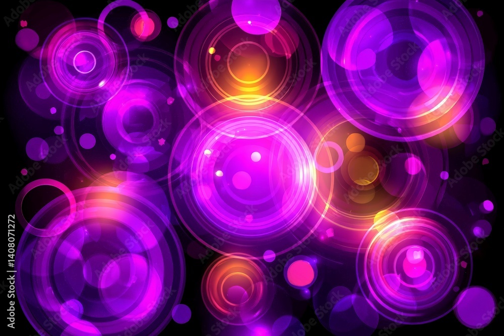Poster colorful abstract bokeh background with purple and gold circles floating against a dark backdrop for