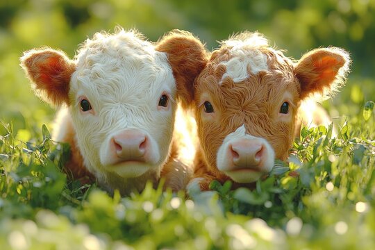 two calves resting in a summer field lush green grass countryside