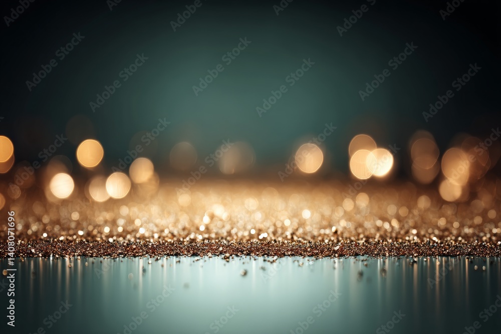 Aufkleber shimmering golden glitter on a reflective surface with soft bokeh effects in the background