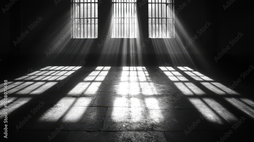 Poster strong contrasts of sunlight casting shadows through barred prison window on a cold floor minimal de