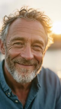 Portrait of a smiling senior man with gray hair and beard, standing outdoors in cinematic backlight at sunset, looking confident and friendly, head and shoulders close-up &ndash; Generative AI