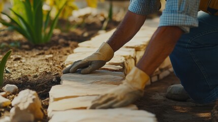 Hispanic mason installing a stone border around a garden. Featuring masonry and outdoor design