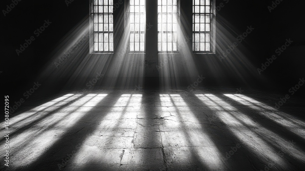 Poster strong contrasts of sunlight casting shadows through barred prison window on a cold floor minimal de