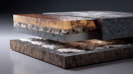 A high-detail cross-sectional image showing layers of compacted rock, soil, and synthetic compounds with varying textures, colors, and densities suspended above a solid base