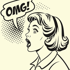 Shocked Woman with Open Mouth and Comic Speech Bubble