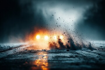 Fototapeta premium Car speeding on a wet road at dusk, creating splashes of mud and dust against a backdrop of dim lights