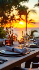 Romantic sunset dinner table set outdoors by the ocean.