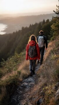 A couple hiking along a mountain trail at sunrise, captured from behind, with forested slopes and a distant lake under golden light &ndash; Generative AI