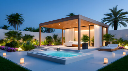 Fototapeta premium serene outdoor spa massage area features wooden pavilion surrounded by lush tropical plants, relaxing hot tub, and soft lighting, creating tranquil atmosphere for relaxation