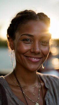 Portrait of a confident and smiling young woman in warm summer backlight, wearing layered necklaces, looking at the camera with a serene and radiant expression &ndash; Generative AI