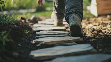 Naklejka premium Hispanic mason installing a stone walkway in a garden. Featuring masonry and landscaping