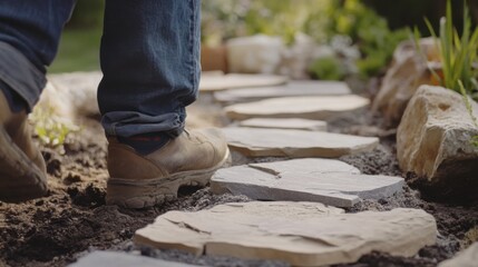 Hispanic mason installing a stone walkway in a garden. Featuring masonry and landscaping
