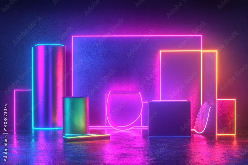 Poster vibrant neon shapes create an artistic display in a dark studio setting