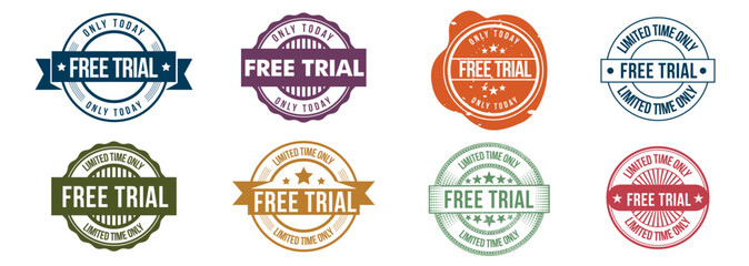 Collection of Colorful Free Trial Stamp and Seal Vector Icons