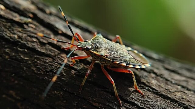 Close-up of a Brown Marmorated Stink Bug Crawling on a Tree Branch in Natural Light