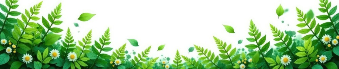 Leafy greens isolated on white background with scattered ferns and flowers, leafs, leaves