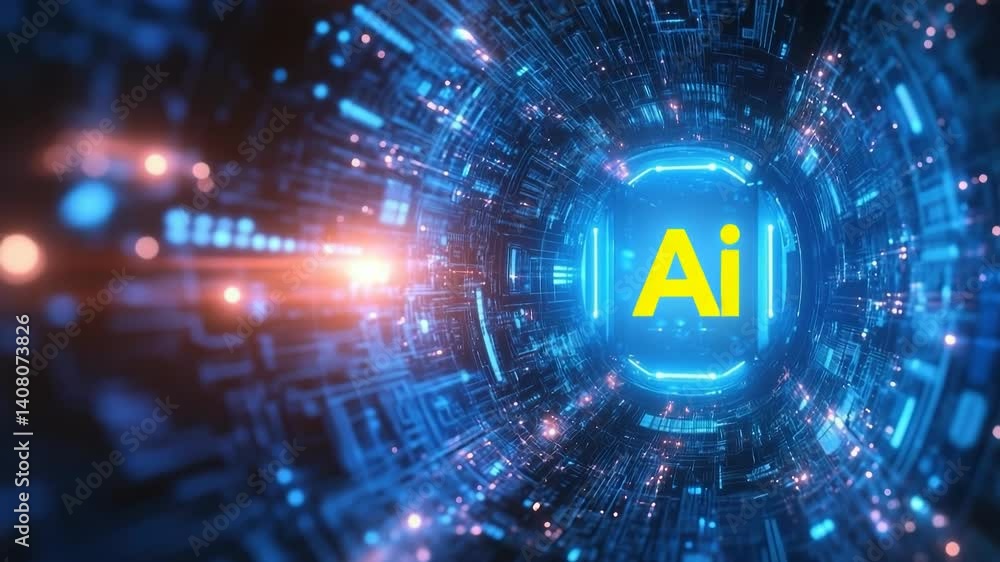 Poster futuristic digital ai interface with glowing blue circuits and technology elements, cyber network vi