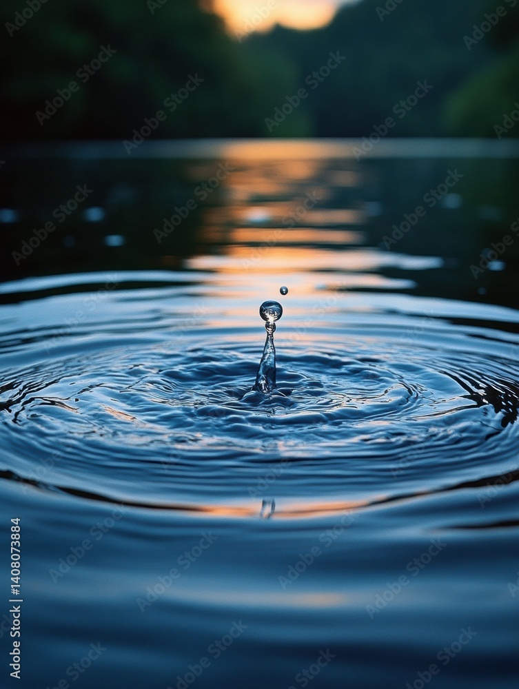Poster Ripples spreading across still water with gentle reflections at dusk in a serene natural setting Generative AI
