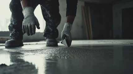 Fototapeta premium Construction worker smoothing concrete for a foundation. Featuring concrete work and precision
