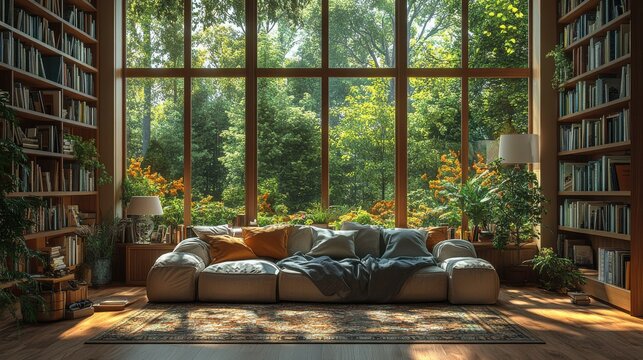 sunlit cozy elegant home library,window,books empty room zoom virtual backgrounds cozy interior backdrops living room backgrounds for virtual meetings,stock image