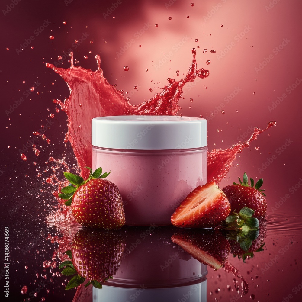 Poster vibrant strawberry jar with splashes on a dark mirrored surface, showcasing fresh fruit and juice in