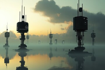 Futuristic structures rise from misty waters at dawn with soft light illuminating the horizon