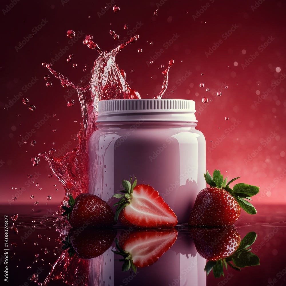 Poster cylindric jar surrounded by fresh strawberries with dynamic juice splashes against a misty dark pink