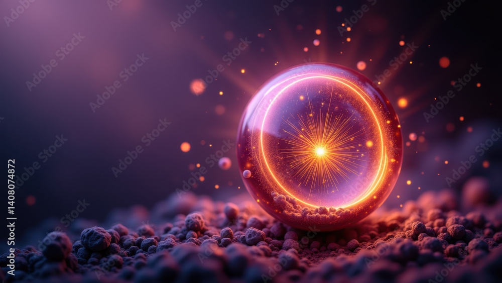 Poster an artistic representation of a glp1 molecule with a glowing core and cosmic elements.