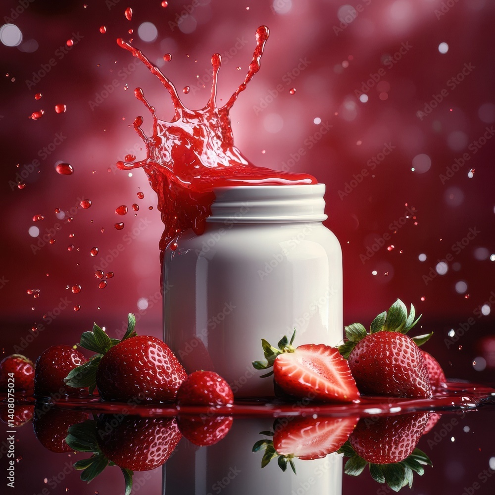 Aufkleber delicious strawberries and juice splash create a vibrant display on dark mirror surface generative a