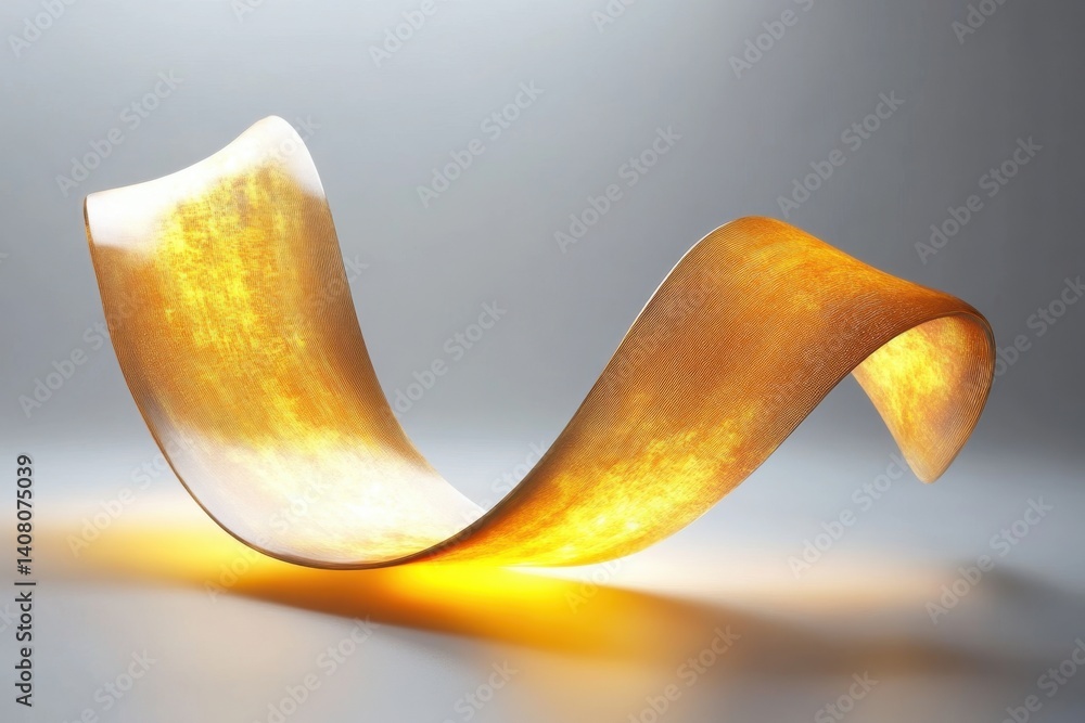 Poster curved light ribbon showcasing a warm golden glow and artistic design in a minimal setting