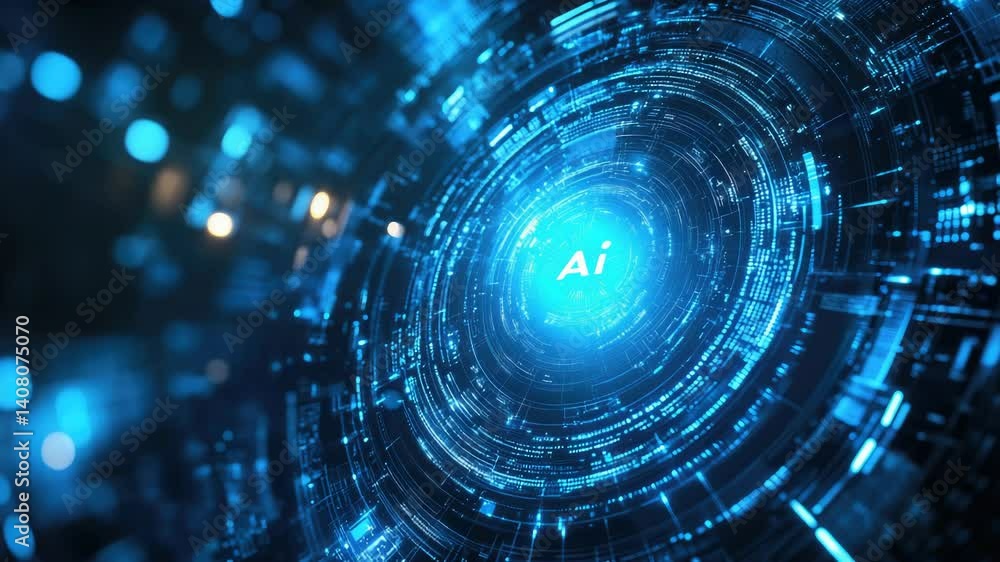 Poster futuristic digital ai interface with glowing blue circuits and technology elements, cyber network vi