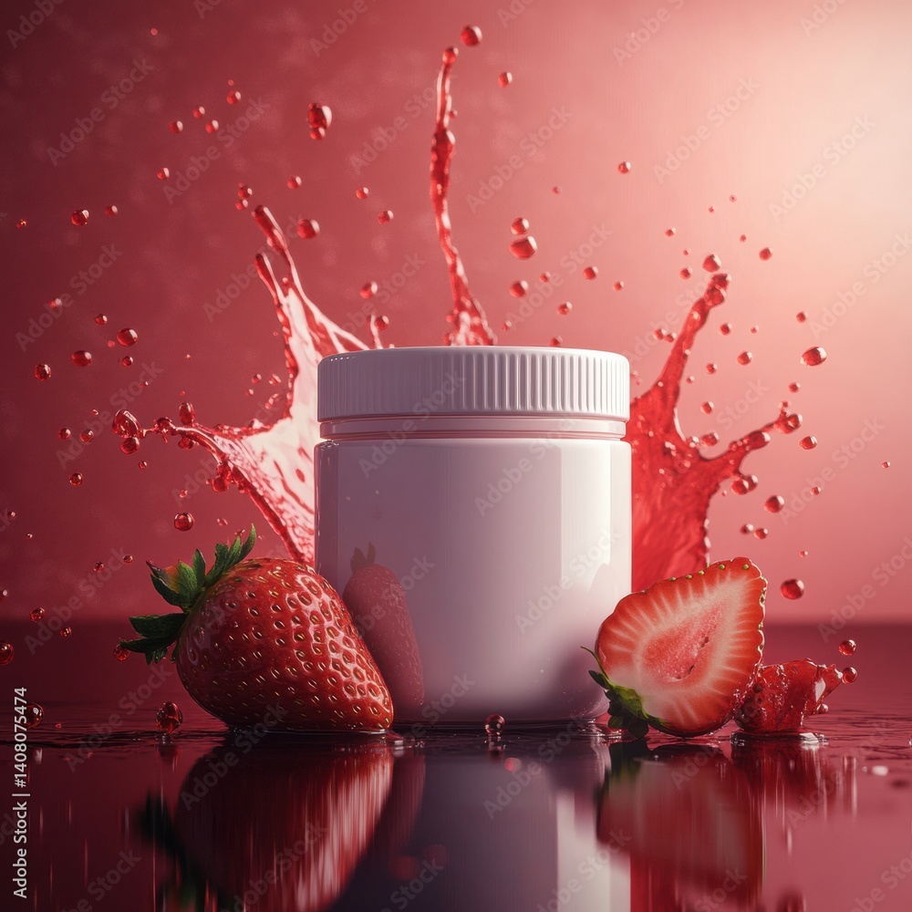 Poster cylindric jar surrounded by strawberries and splashes of juice on a reflective surface with a dark p