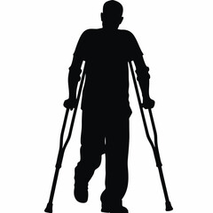 Silhouette of man using crutches walking forward
