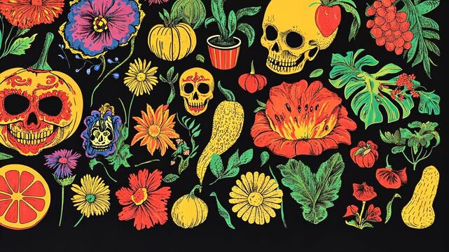 Vibrant Mexican Day of the Dead Skull Floral Pattern Illustration