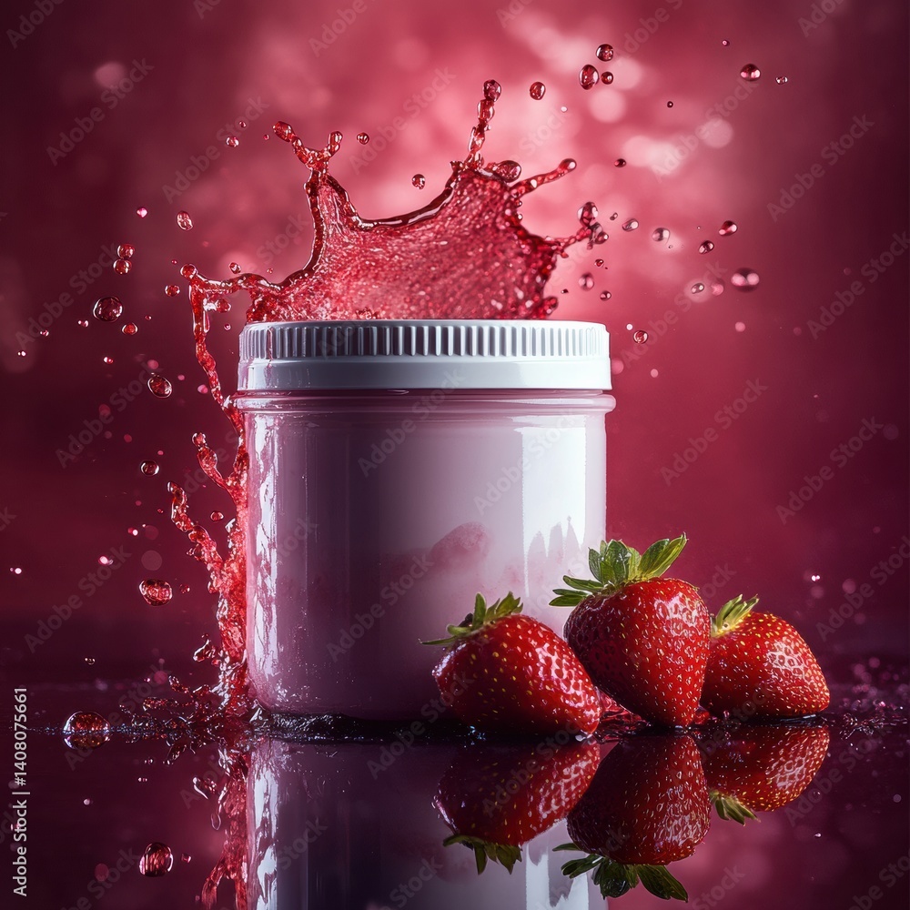 Poster strawberry splash around a big white jar with fresh strawberries on dark reflective surface and mist