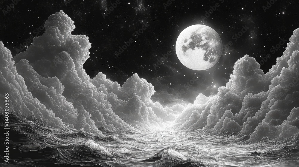 Aufkleber surreal celestial scene featuring twin moons a starry sky rolling clouds,distant mountains sketch en