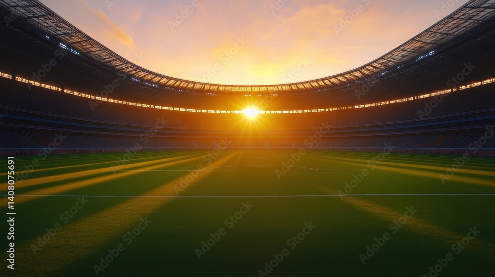 Poster sunset over an empty stadium field, casting long shadows and highlighting the architecture