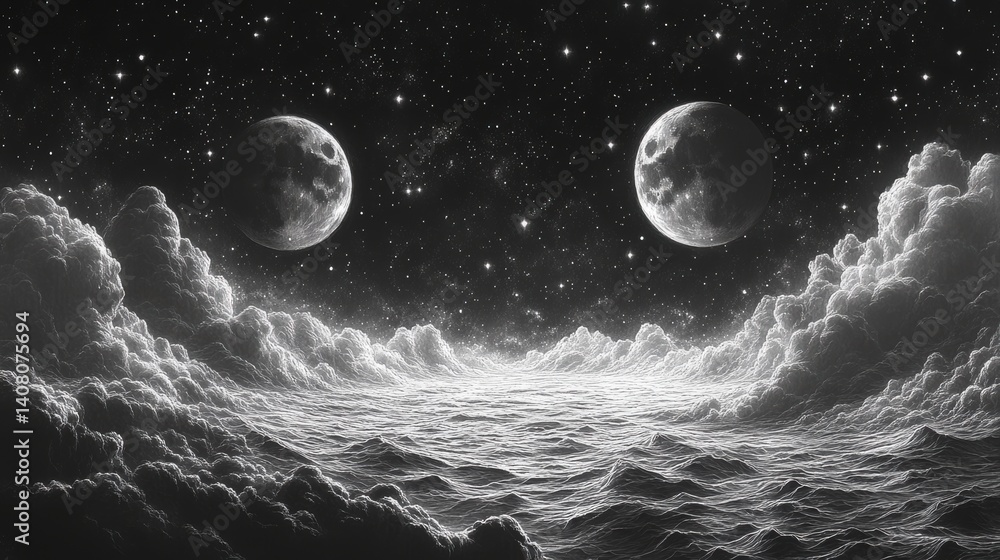 Aufkleber surreal celestial scene featuring twin moons a starry sky rolling clouds,distant mountains sketch engraving generative ai illustration scratch board imitation black,white image,photo stock