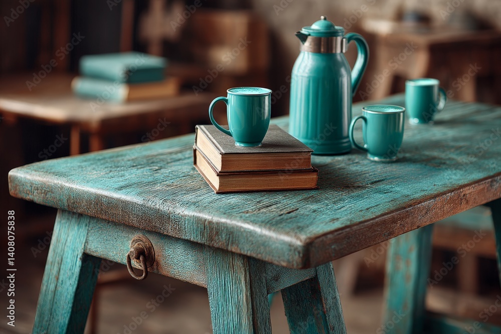 Aufkleber turquoise table set with coffee cups and books in a rustic cafe setting