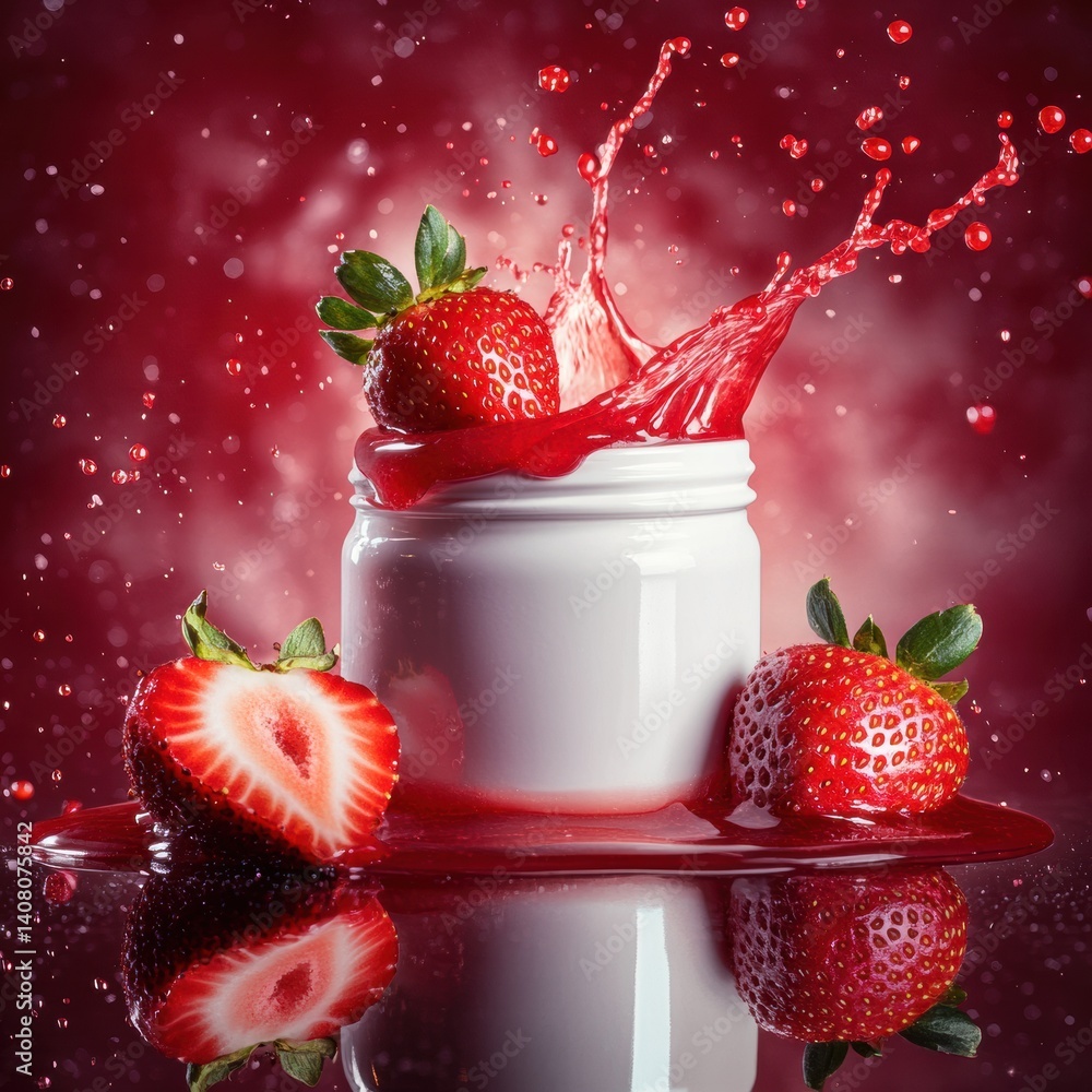 Poster cylindric jar with strawberries and splash of juice reflects on dark surface with a misty pink backg