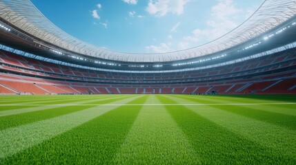 Expansive view of a modern stadium with lush green grass under a clear blue sky