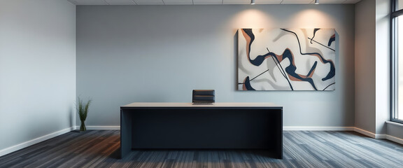 room with a desk and a painting on the wall