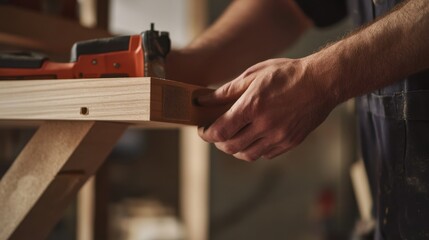 Carpenter installing a wooden shelf in a home office. Featuring precision and planning