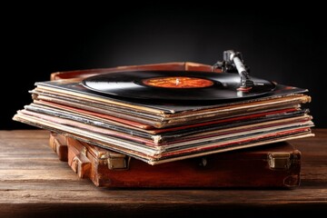 Vintage vinyl records stacked with turntable on wooden surface in low light environment